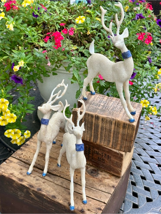 Source Unknown Other - Vintage Retro Glitter Reindeer Deer Set of 3 Blue Velvet Christmas Decor